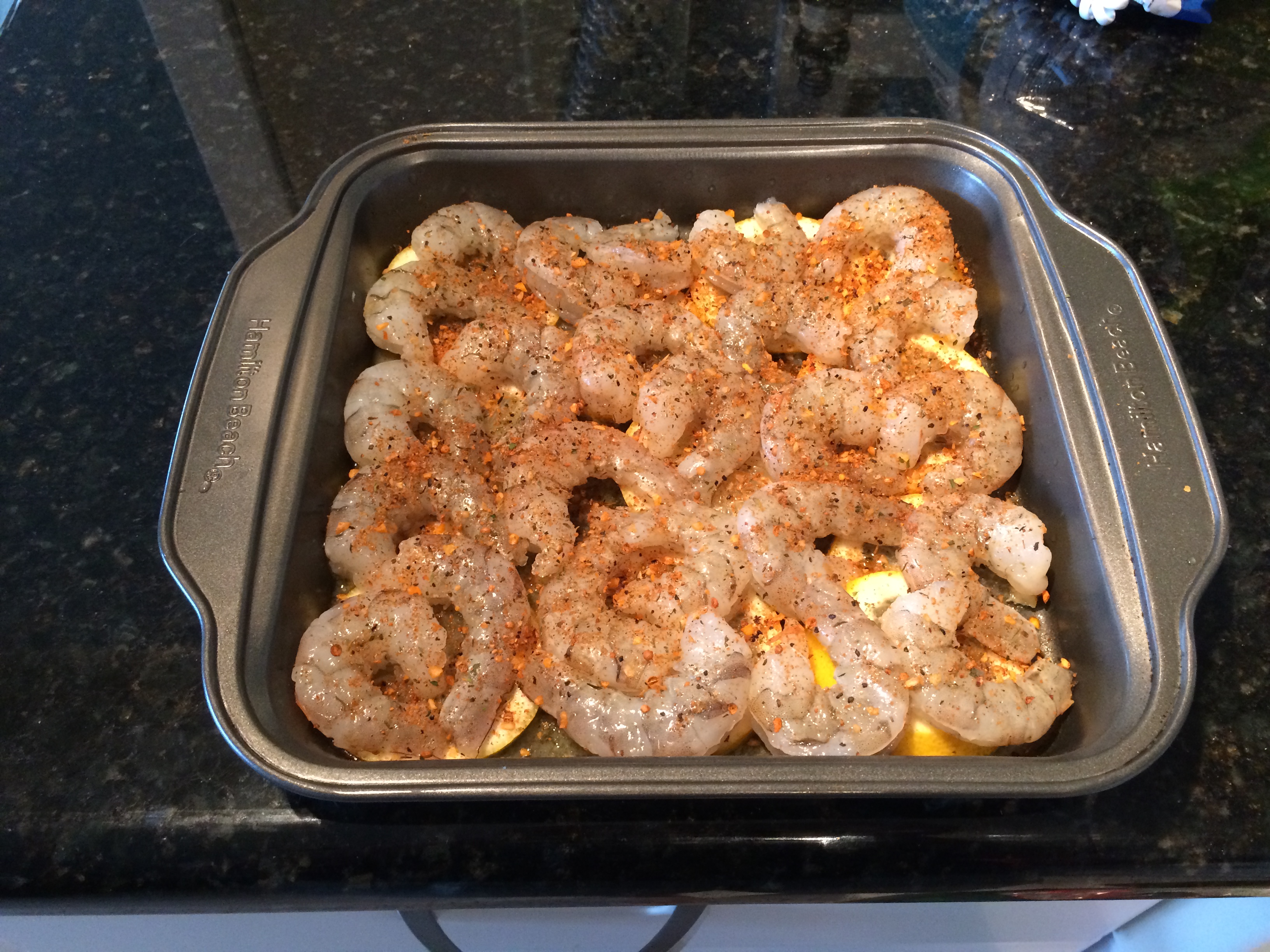 Prepped shrimp ready to go in the oven.